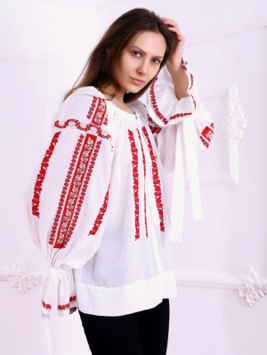 Folk Embroidered blouse SIBIU Traditional style red and golden  Embroidery FLORII