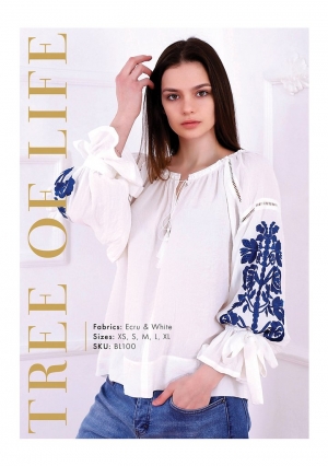 Bluza dama tip ie stilizata cu broderie florala folk Copacul Vietii -alb cu broderie alba Florii