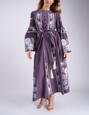 Ivana Grace Mauve Maxi Folk Embroidered Dress
