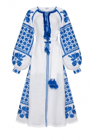 Rochie traditionala lunga de lux alba cu broderie albastra Foberini