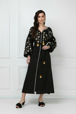 "PEARLS" JEWELRY Linen DRESS BLACK