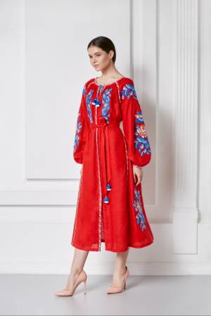 Red midi dress folk traditional style embroidery Claire Foberini