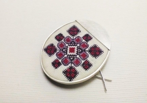 Silver brooch with hand sewn traditional symbol - traditional Romanian folklore motif from Banat- ethnic traditional jewelry