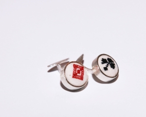 Silver cufflinks for men crafted with traditional motif sin red and black  Mihaela Ivana 100% Handmade