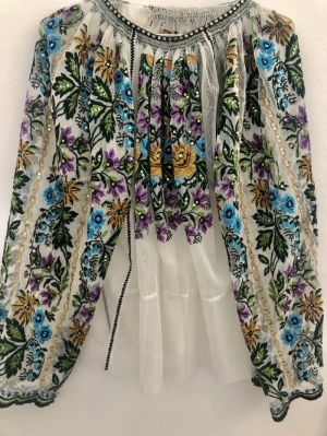 Vintage tulle embroidered Romanian blouse handmade with floral patterns beads and sequins