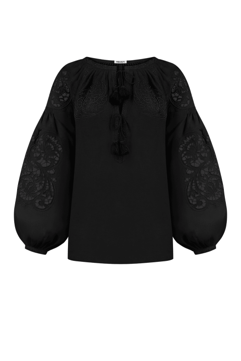 Black Linen Blouse  with Floral Embroidery HandCrafted in the Cutting Technique Foberini