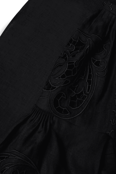 Black Linen Blouse  with Floral Embroidery HandCrafted in the Cutting Technique Foberini