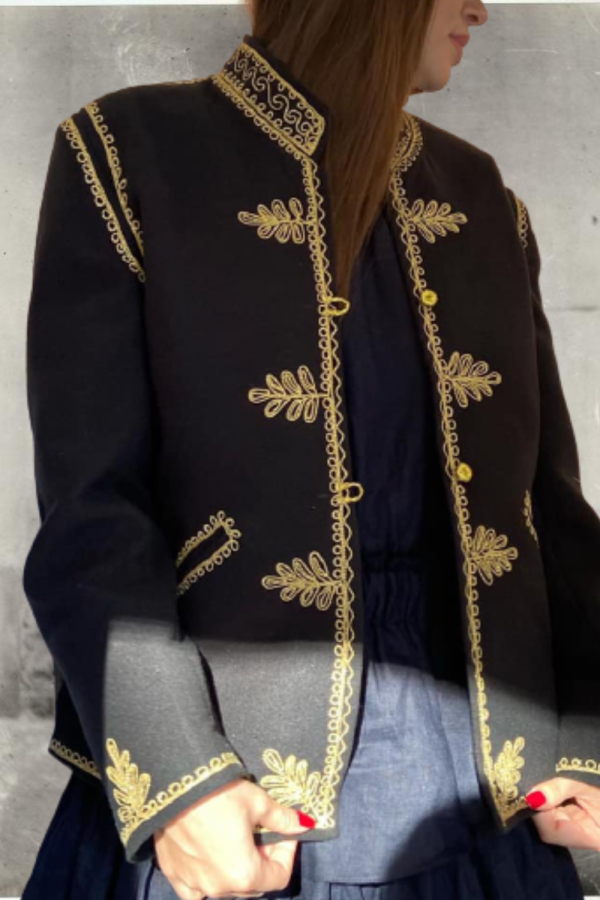 Black Wool Unisex Jacket with Gold Embroidery, Handcrafted by Romanian Artisans (08)