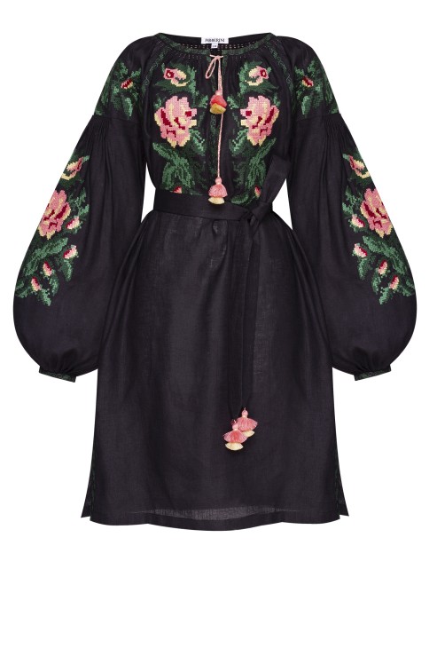 Bohemian Ukrainian folk style  mini embroidered dress in black linen Foberini