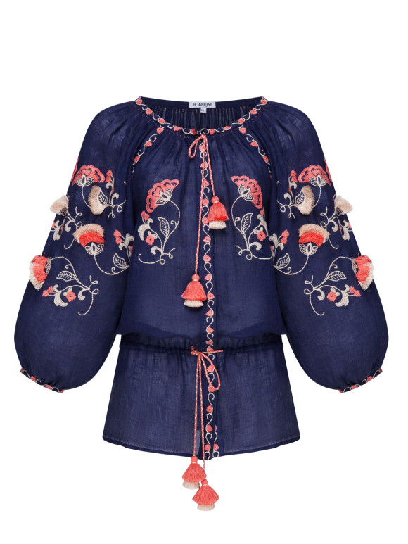 Boho beach blouse in navy linen with beige and pink embroidery Paradise Bird Foberini