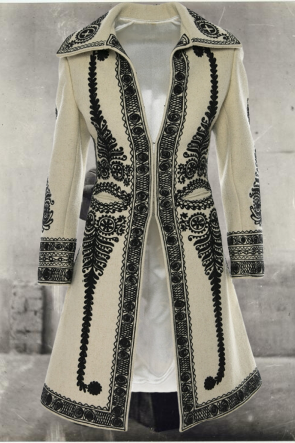 Ecru Wool & Cashmere Coat with Black Embroidery, Handcrafted by Authentic Romanian Artisans (02)