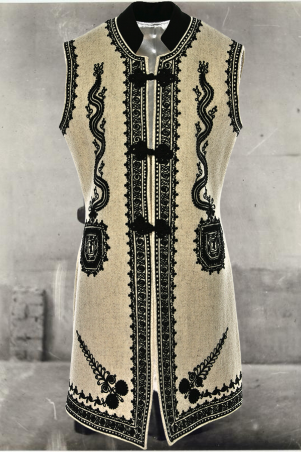 Ecru Wool & Cashmere Long Vest with Black Embroidery, Handcrafted by Authentic Romanian Artisans (05)