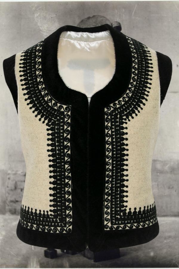 Ecru Wool & Cashmere Short Vest with Black Embroidery, Handcrafted by Authentic Romanian Artisans (01)