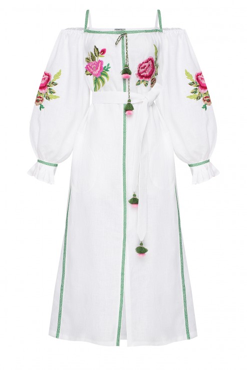 Foberini FLORA Long white floral embroidered tunic with bare shoulders