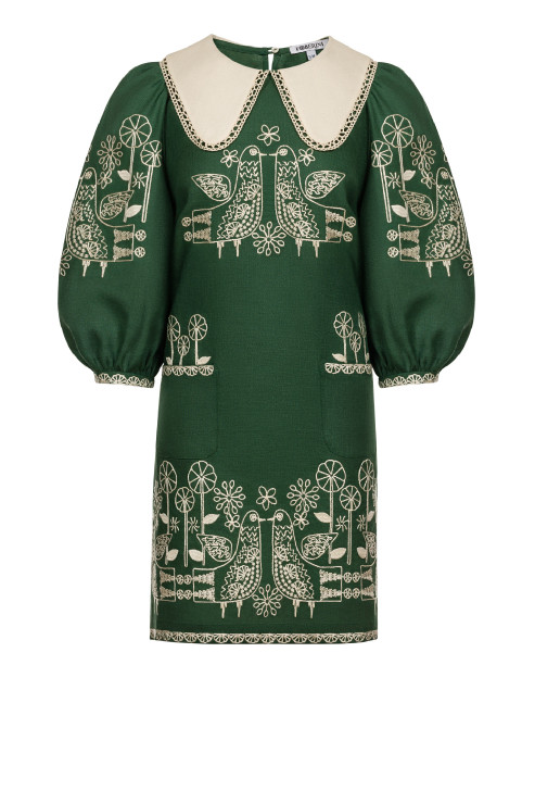 Green Linen mini dress with embroidered birds and flowers Zozulya 