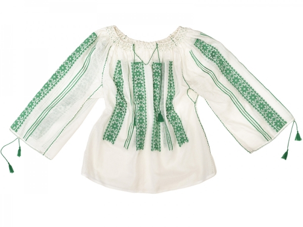 Handwoven Traditional Romanian Blouse White with Green Embroidery