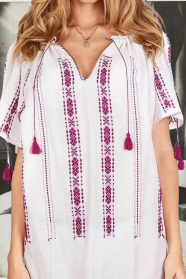 Handwoven Traditional Romanian Blouse White With Purple Embroidery