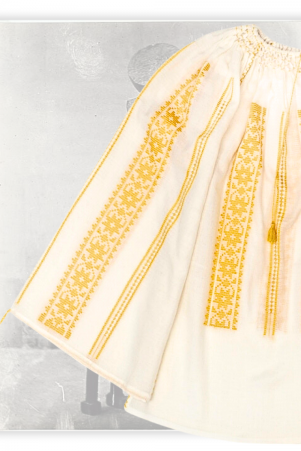 Handwoven Traditional Romanian Blouse White with Yellow Embroidery