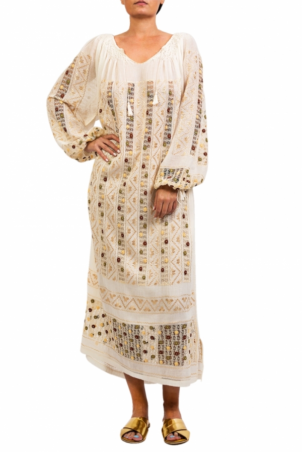 Maxi Long-Sleeved Romanian Dress with Openwork Lace and Green-Brown-Golden Silk Little Flowers Hand-Embroidered by Artisans