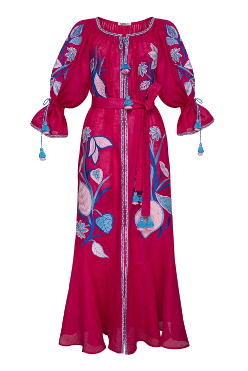 Modern Ukrainian embroidered motif linen fuchsia maxi dress Foberini Eden
