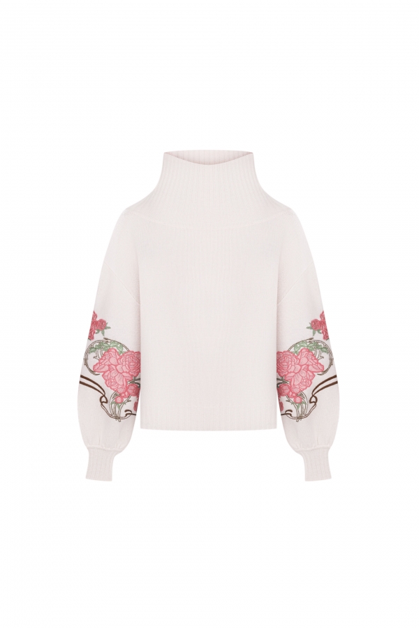 Organic Mongolian cashmere Turtle neck with silk embroidery