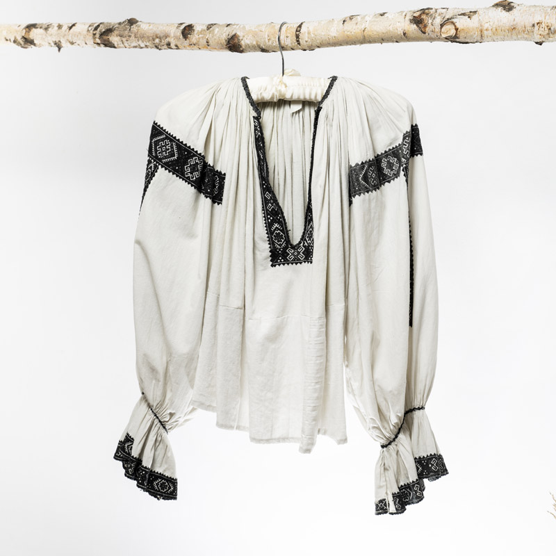 Rare find Early XX century vintage Romanian blouse hand embroidered white homemade cloth with black embroidery - handmade