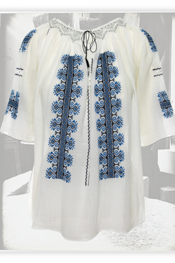 ¾ sleeve -Sleeved Traditional Handmade Embroidered Romanian Blouse 'Rooster's Comb'  Handmade by Artisans