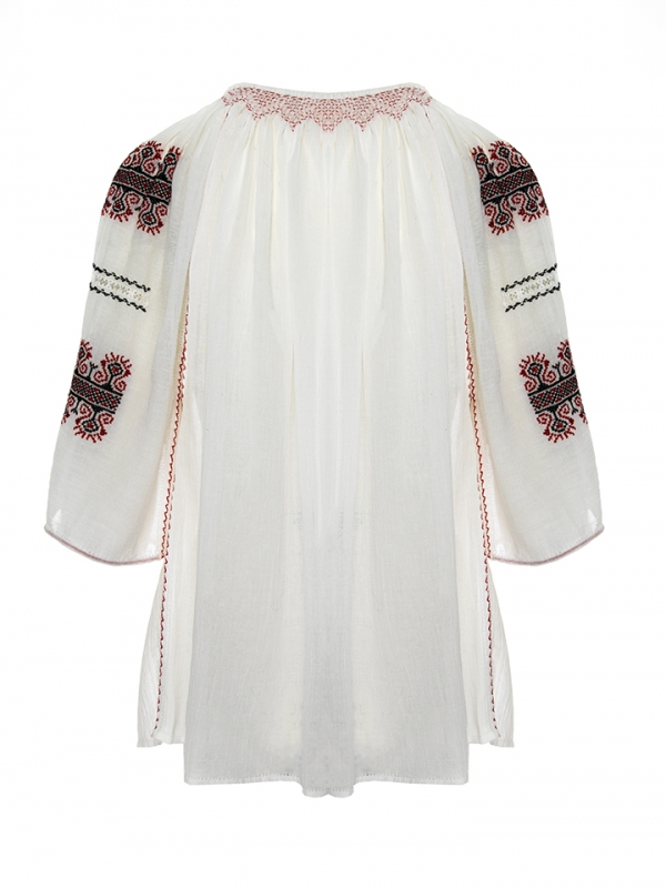 Short-Sleeved Traditional Romanian Blouse with Openwork Lace and Red 'Rooster's Comb' Embroidery Handmade by Artisans