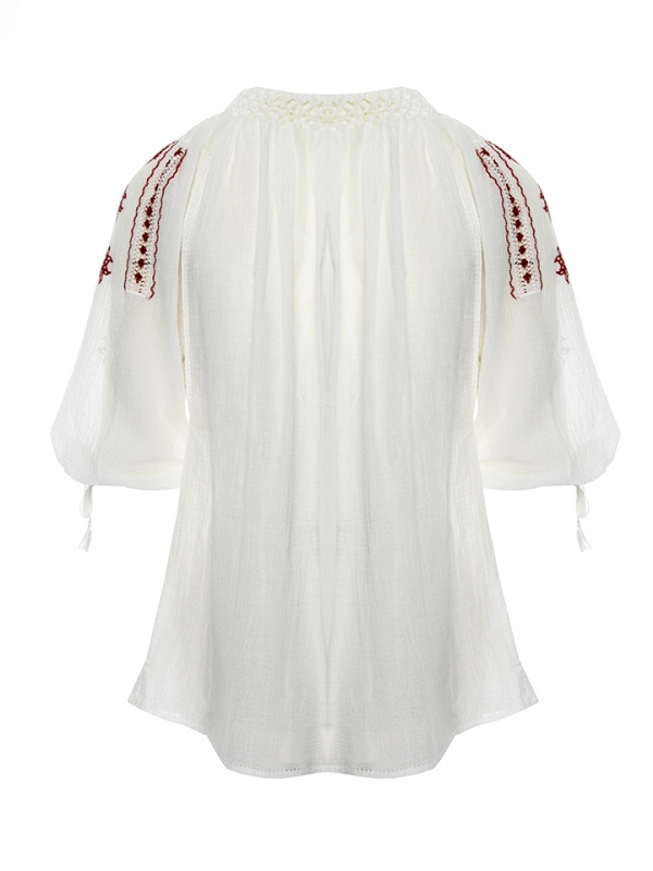 Short-Sleeved Traditional Romanian Blouse with Openwork Lace and Red Silk 'Milkvetch' Embroidery Handmade by Artisans