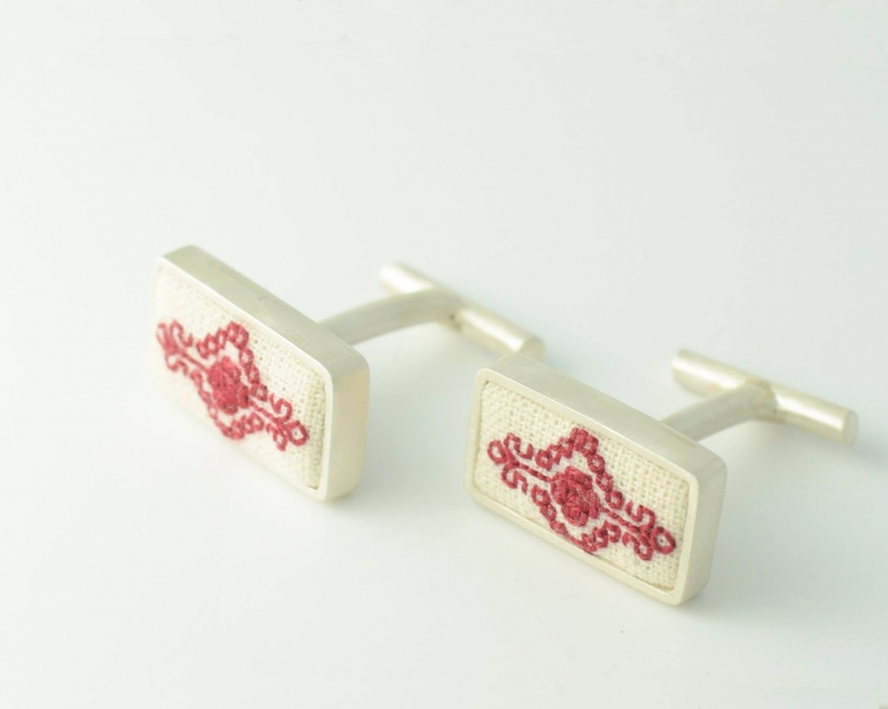 Silver traditional cufflinks made by hand featured with hand sewn symbols specific to Olteania, Romanian region - traditional crafted jewelry