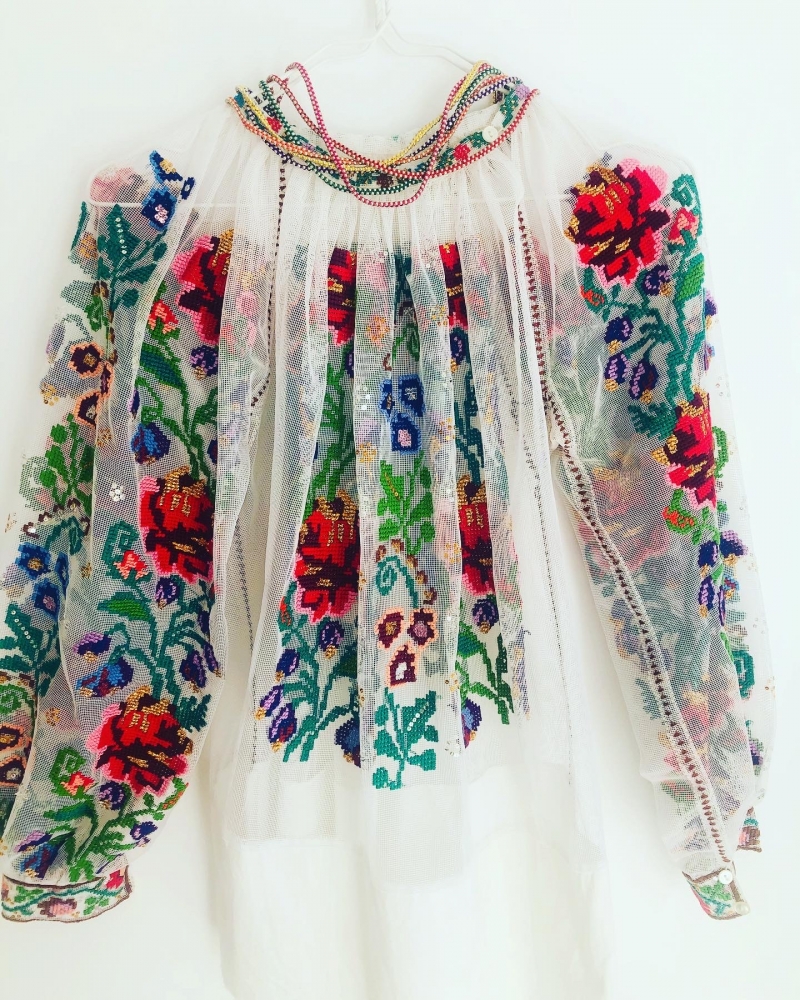 Stunning Vintage Floral Handsewn embroidered blouse on tulle