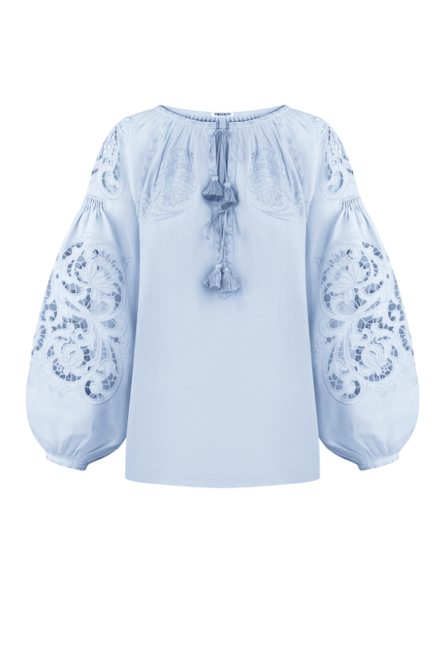 The Richelieu Linen Blouse in Blue with Floral Embroidery HandCrafted in the Cutting Technique