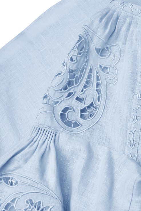 The Richelieu Linen Blouse in Blue with Floral Embroidery HandCrafted in the Cutting Technique