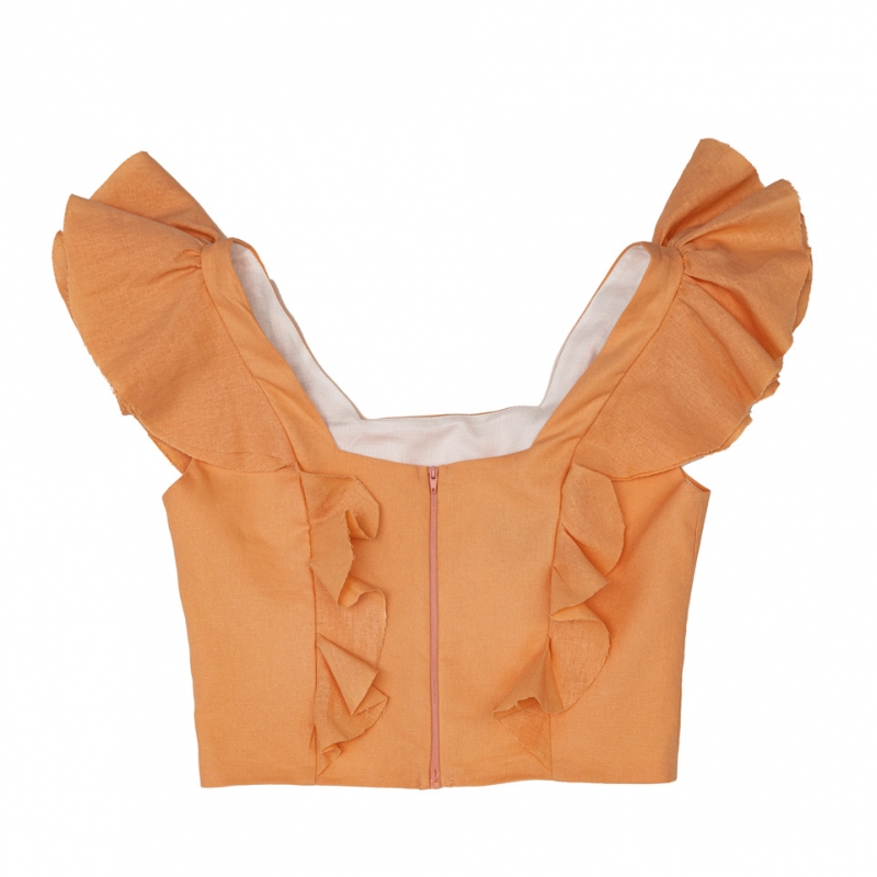 Under Flirty Orange natural linen top with ruffles