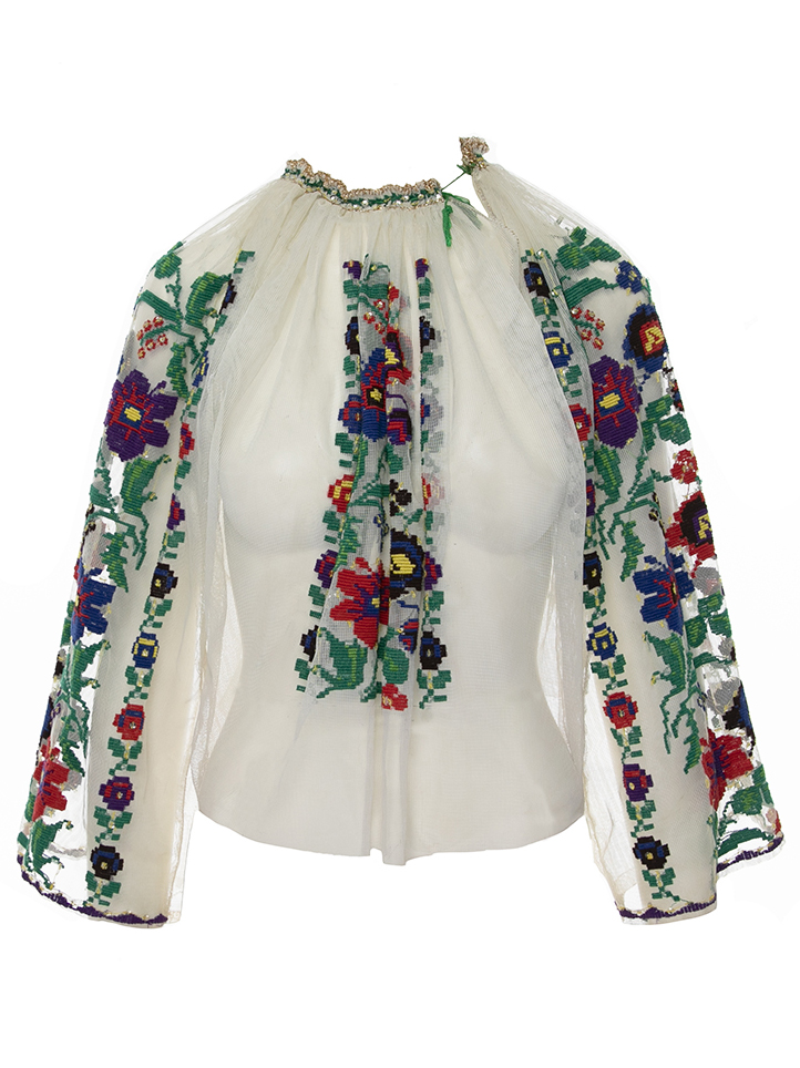 Vintage embroidered Romanian blouse on tulle with folk flower pattern handmade Lot. 21.05