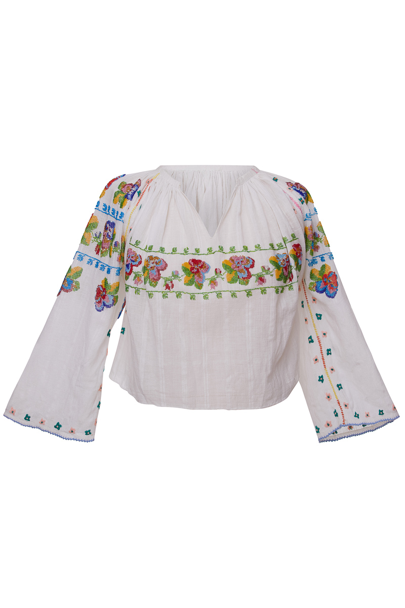Vintage Peasant Blouse with Beads Embroidery