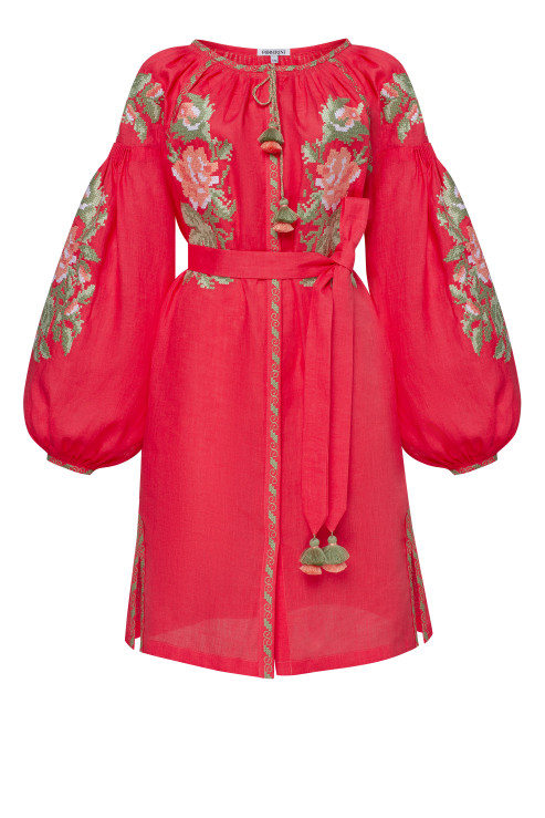 Vira Pink Mini Embroidered Linen Dress Ukrainian Folk Pattern