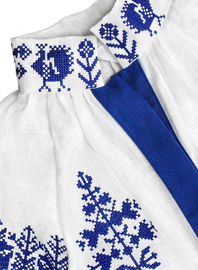 White long linen dress with ancient geometric pattern 